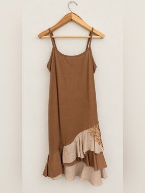Pretty Angel Lagenlook Fairygrunge Boho Ruffle Hem Linen Tank Dress Taupe Size L